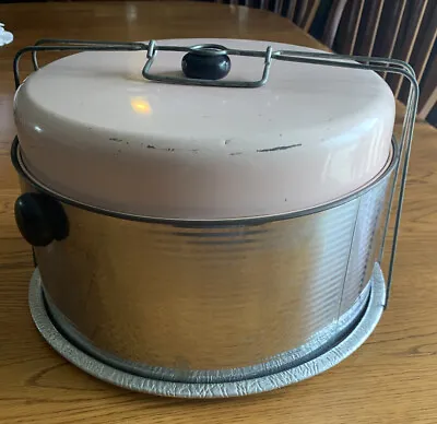 $39.99 • Buy Antique 1930s TIN CAKE Pie CARRIER W Lid & Wire Closure Light Pink Vintage