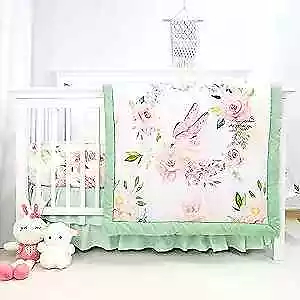  4-Piece Crib Bedding Set Baby Girl Crib Bedding Set Butterflies Pink Flower • $66.06