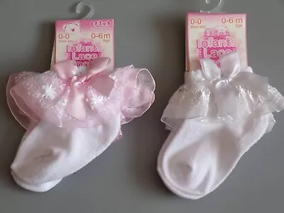 Baby Girl White Or White & Pink Frilly Lace Socks Wedding Christening  NB - 18m • £3.45