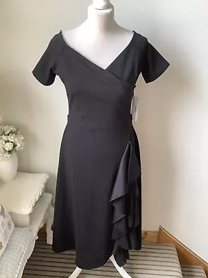 BNWT FEVER FISH Silk Fred Black Bardot Off The Shoulder Dress SIZE 14 LBD • £18.95