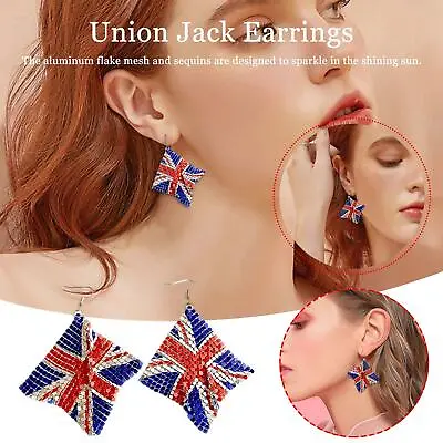 Vintage British Flag Red White Blue Metal Mesh Dangle Earringst Pierced J6F5 • $3.59