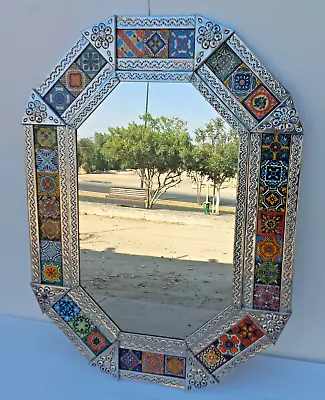 30  PUNCHED TIN MIRROR Octagonal Mixed Talavera Tile Mexican Folk Art Mirrors • $169