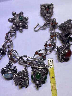 Vintage Italian Etruscan 800 Silver 9 Charm Bracelet W/ Fob Stones Italy 95. Gr. • $299.99