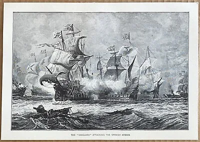 1906 Engraving ~ The Vanguard Attacking The Spanish Fleet • $15.95