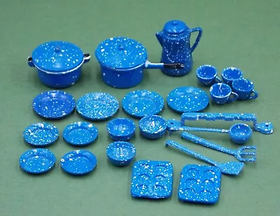 1/12 Dollhouse Vintage Blue Metal Pots Dishes Utensils Lot #5 • $9.99