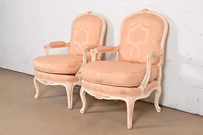 French Provincial Louis XV Carved Painted Walnut Fauteuils Pair • $2595