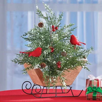 Christmas Frosted Pine And Cardinal Wooden Sleigh Arrangement Table Centerpiece • $29.98