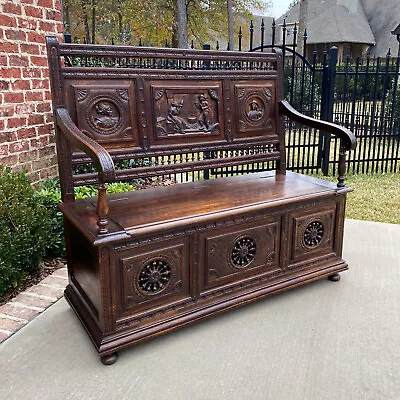 Antique French Breton Bench Settee Entry Hall Brittany Carved Oak Banquette • $3750