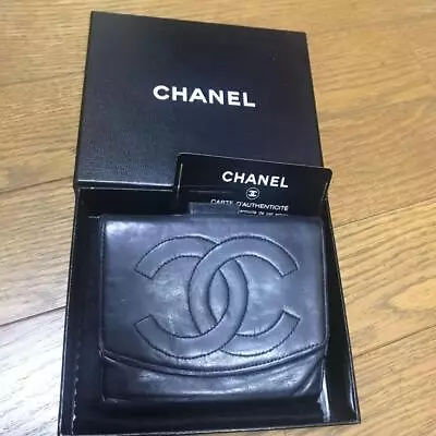 CHANEL Coco Mark Bi-Fold Card Purse Wallet Black Leather CHW005 • $151.92