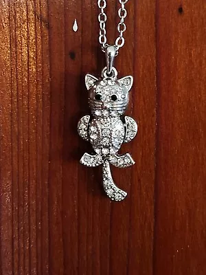 Vintage Rhinestone Cat Necklace Silvertone Animal Pet Lover Jewelry • $24.99