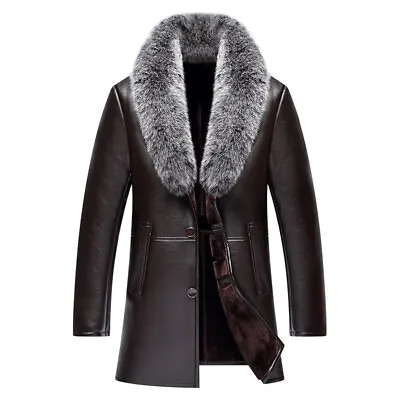 Mens Faux Fur Coat Faux Fur Collar Thicken Mid-Length Pu Leather Overcoat Jacket • $167.83