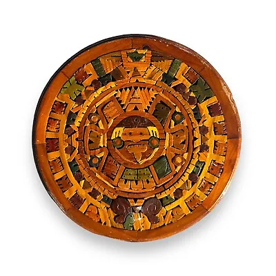 Vintage Aztec Wood Inlay Mexican Sun God Wall Hanging Mayan Calendar - Handmade • $35
