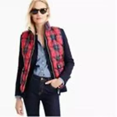 J. Crew Excursion Buffalo Check Plaid Quilted Down Puff Vest SMALL E6624 Red Blu • $9.79