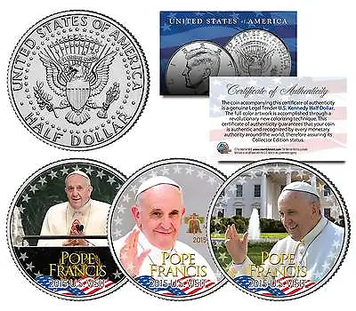 POPE FRANCIS * 2015 U.S. Visit * Papal Colorized 2015 JFK Half Dollar 3-Coin Set • $15.95