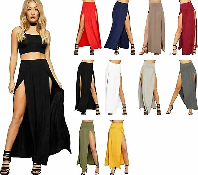 Women Ladies Double Side Slit Split Plain Black Stretchy Gypsy Maxi Long Skirt • $9.95