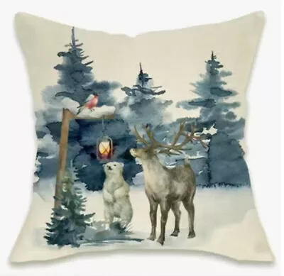 Moose Elk Deer Polar Bear Christmas Throw Pillow Cover Winter Holiday Decor • $13.08