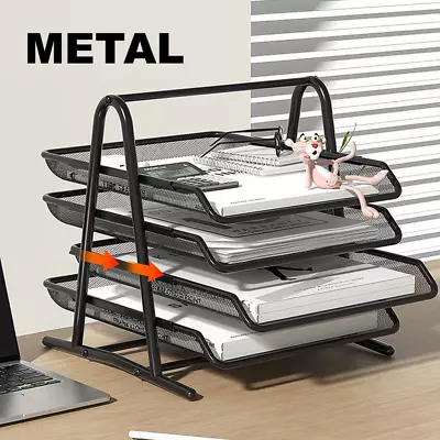 4 Tier Office Filing Trays Holder A4 Document Paper Wire Mesh Storage Rack • £9.95