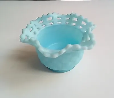 VTG Fenton Blue Satin Basket Weave Glass Rose Bowl With Ruffled Lattice Top • $12.80