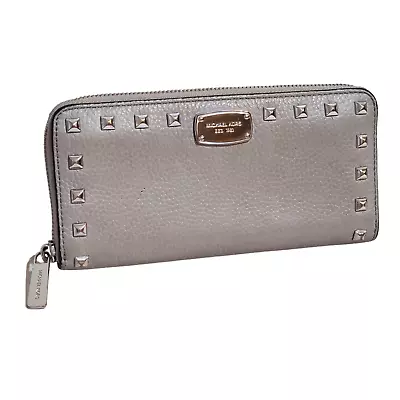 Michael Kors Jet Set Studded Zip Around CONTINENTAL Wallet Taupe Gray + Silver • $35