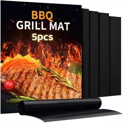 BBQ Grill Mat Set Of 5 Non-Stick Reusable Mats For Electric Grills Or Charcoal • $13.08