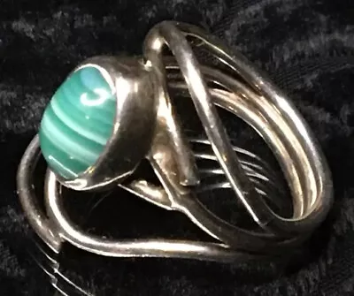 VINTAGE Designer Ring Sterling Silver With Green Agate Oval Center Stone London • $30