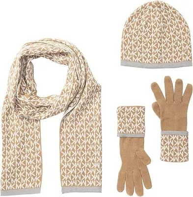 Michael Kors Muffler Scarf Gloves Beanie Hat Gift Set MK Logo/Monogram NWT Camel • $50