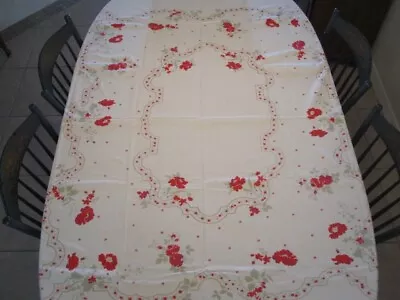 Vintage Linen Tablecloth Red & Green Floral 69 X 58 • $29.99