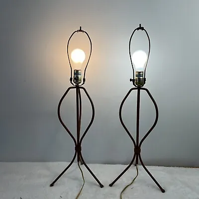 Pair Vintage Metal Wrought Iron Table Lamp Dark  Brown Mid Century Modern READ • $120