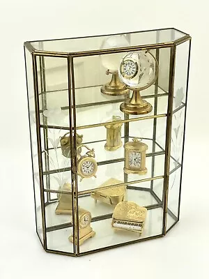 Vintage Etched Glass Brass Display Case Curio Cabinet Wall Shelf Miniature Clock • $165