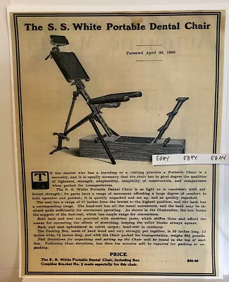 1895 SS White Portable Dental Chair $40 Dentist Doctor Orthodontist Rare Ad NEW • $12.95