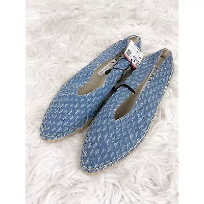 Zara Trafaluc Chambray Denim Slip On Espadrille Mule Pointed Toe Flats 6.5 NEW • $30