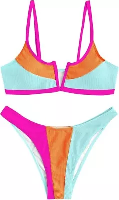 ZAFUL Medium V Wired Bikini Set Colorblock Ribbed Swimwear Sexy High Cut Cheeky • $8.99