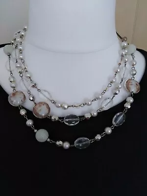 Necklace Silvertone Chain Multi Strand Beads Clear White Faux Pearl Faceted 24  • £4.99