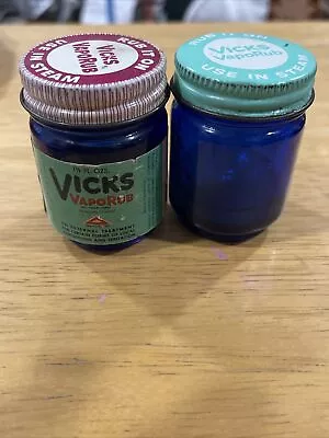 VTG VICKS VAPORUB Lot Of 2 Blue Glass Bottle Red And Light Blue Metal Screw Lid • $22.99
