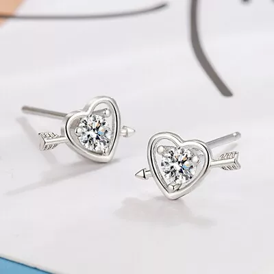 Shiny 925 Sterling Silver Arrow Struck Love Heart CZ Stud Earrings Women Girl • £3.39