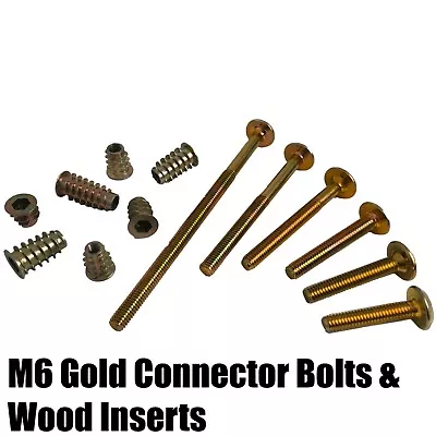 M6 Gold Yellow Furniture Connector Bolts 6mm Wood Inserts Hex Drive Wood Nuts • £3.17