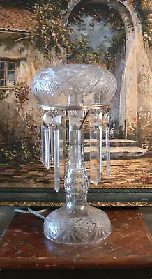 Antique  AMERICAN BRILLIANT Cut Glass Mushroom/Dome Lamp W/ Prisms 13 Inch • $149.99