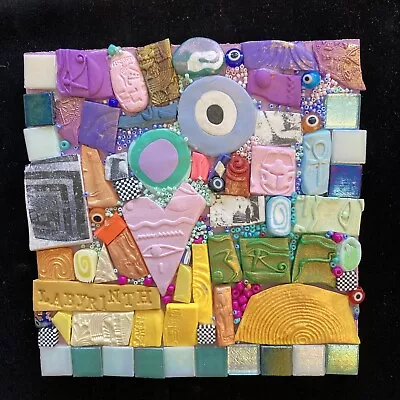 Handmade Clay Mosaic “Labyrinth “Polymer Clay &Glass Original On Wood  6”x6” • $36