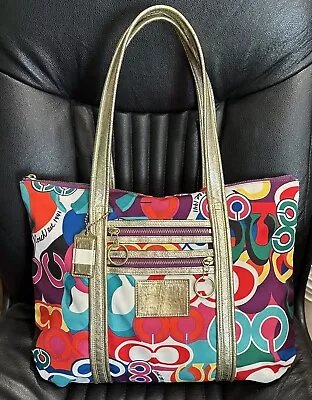 Coach Poppy Glam  POP Graffiti Signature Multicolored Tote Bag Gold  13839 A++ 1 • $59.99