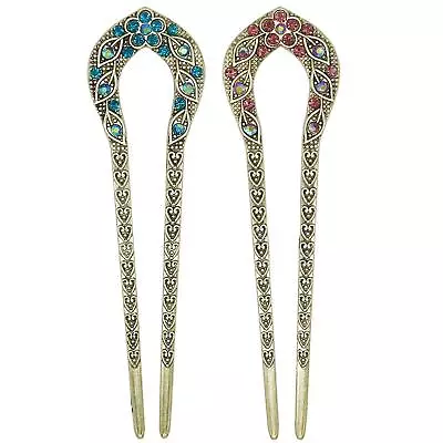 2 Pcs Vintage Hair Stick Crystal Rhinestone Double Prong Hair Pin Stick Hair... • $13.93