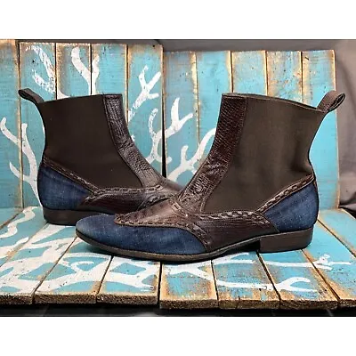 VTG Byblos Mens Pull On Leather Denim Brown/Blue Boots Size 9 • $44.99