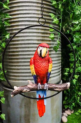 Ebros Hanging Scarlet Macaw Parrot Perching On Branch In Metal Round Ring 13.5 H • $39.99