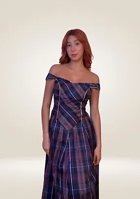 Scottish Blue And Purple Plaid Long Vintage Corset Dress Woman's Size 12 • £189