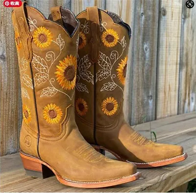 Women Mid Calf Western Cowboy Boots Sunflower Low Block Heel Booties Shoes Size • $39.23