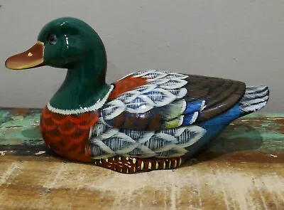 Vintage Lacquer Mallard Wooden Duck Cabin Decor Trinket Box Hand Painted 8 1/2  • $15.99