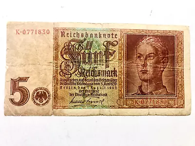 1942 Germany Aryan Teen 5 Reichsmark  5 Mark  Banknote 7 Digit K 0771830 • $5