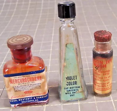 3 Vintage Small Glass Bottles -Poison Ivy Wash -Mercurochrome -Violet Color (C) • $5