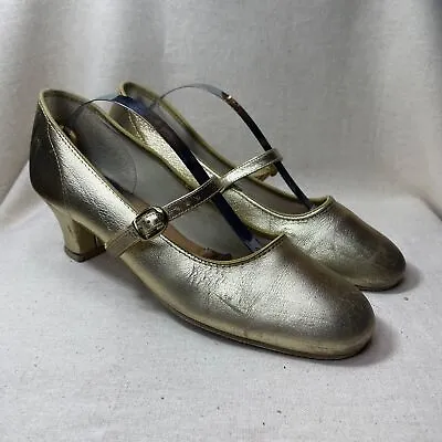 60s Vintage Promenaders Gold Leather Suede Sole Character Shoes Size 8N Heel 2  • $75.87