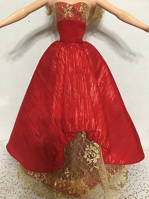 Barbie Doll Model Muse Holiday Metallic Gold Red Sparkly Dress Evening Gown • $12.98
