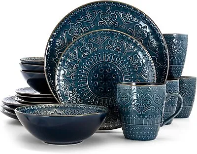 Elama Round Stoneware Dinnerware Dish Set 16 Piece Sea Blue With Brown Trim • $167.73